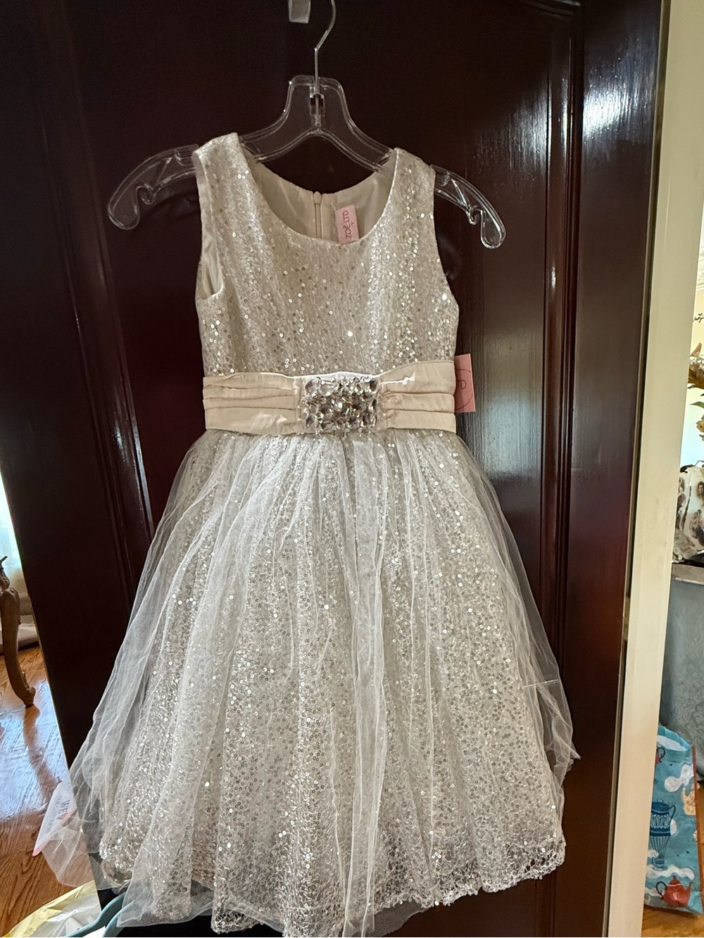 Zoe Ltd Silver Sparkle Tulle Dress with Ivory Sash